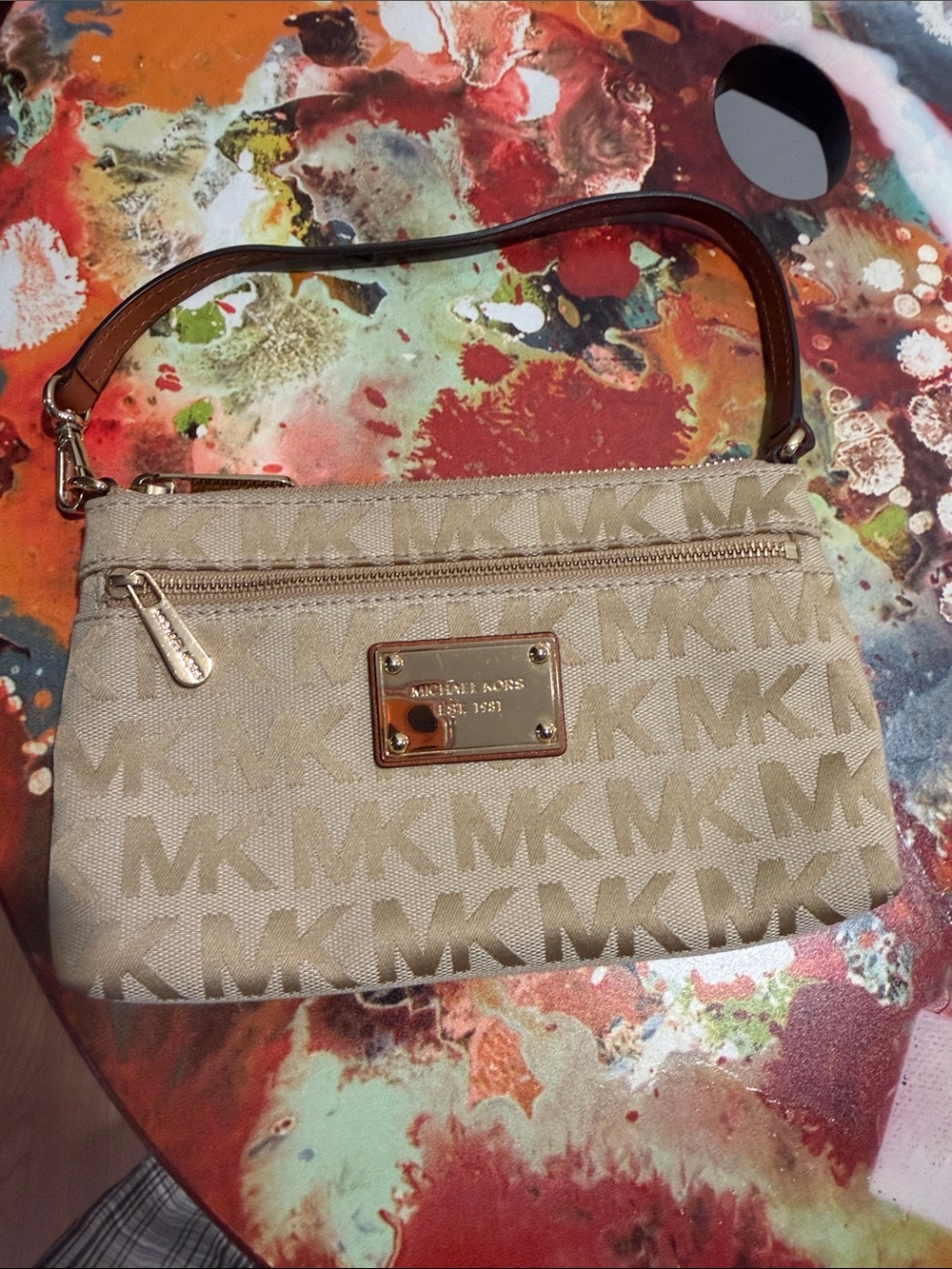 Michael Kors Tan Logo Wristlet with Gold Hardware